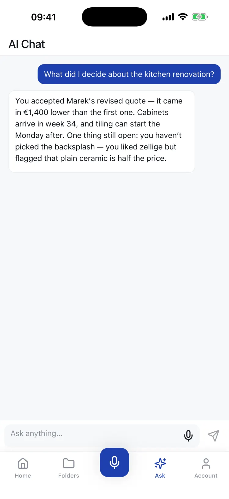 AI Chat answering the question: what did I decide about the kitchen renovation?