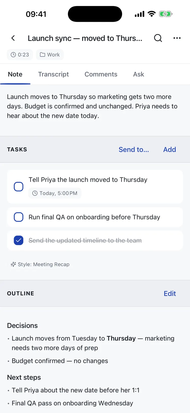 A finished note: a short summary, extracted tasks with due dates, and a Meeting Recap outline