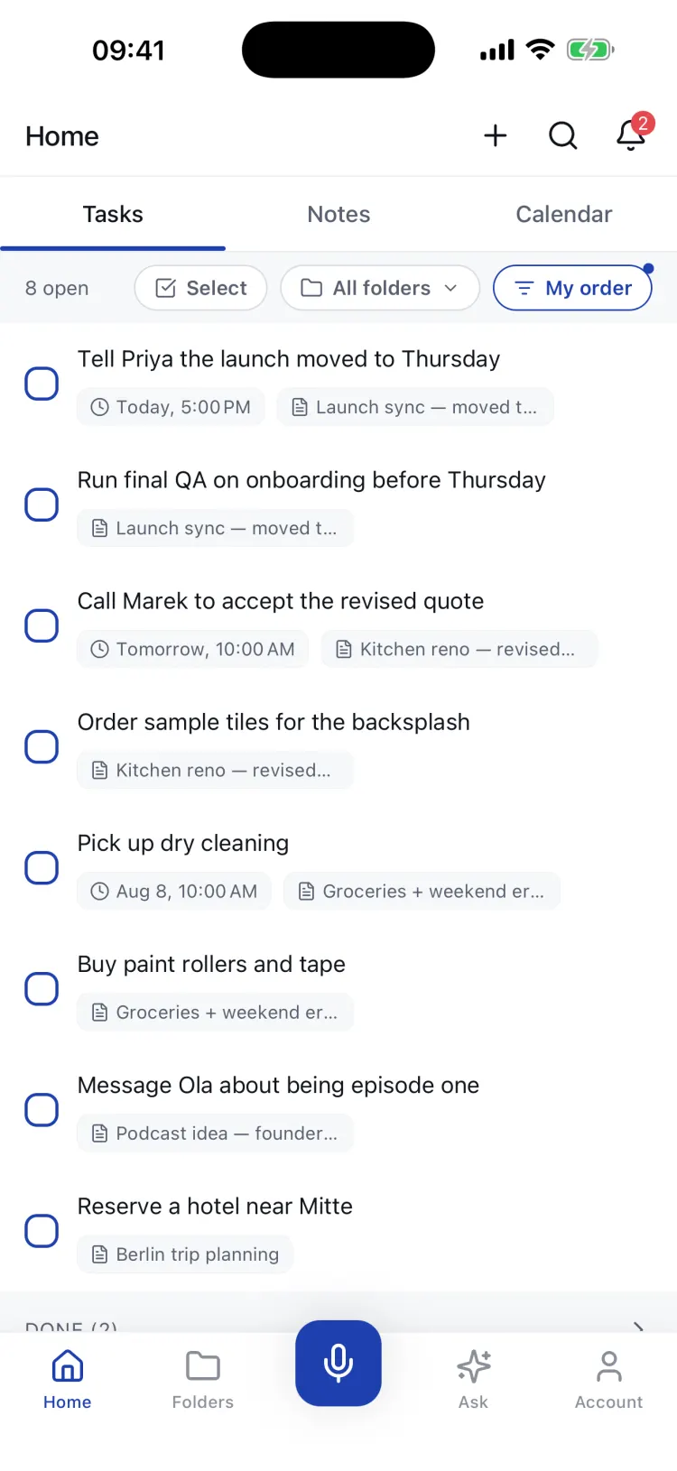 The Tasks tab: one list of open tasks from every note, each with a due date and a link to its source note