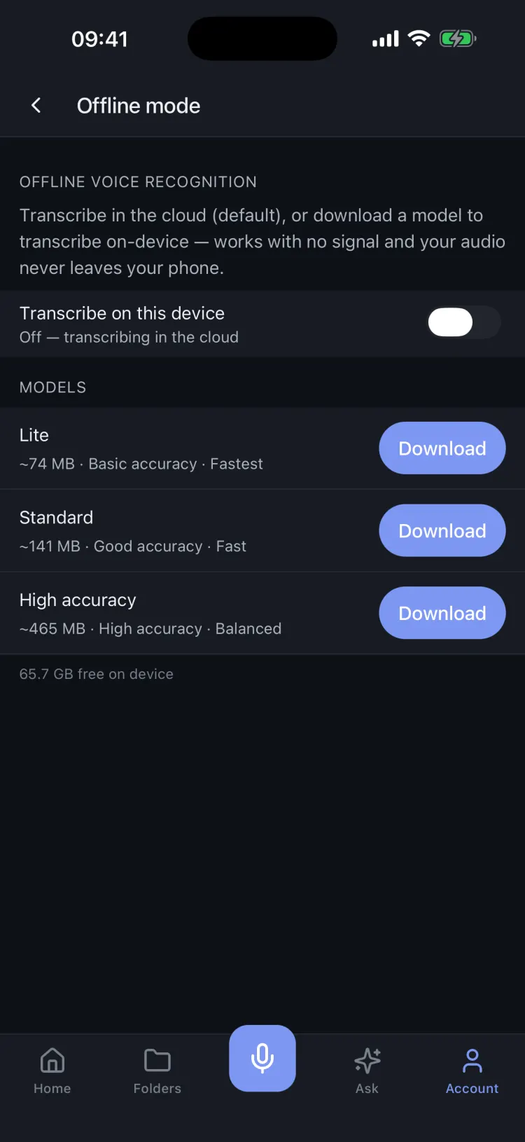 Offline mode settings in dark mode, with downloadable on-device transcription models
