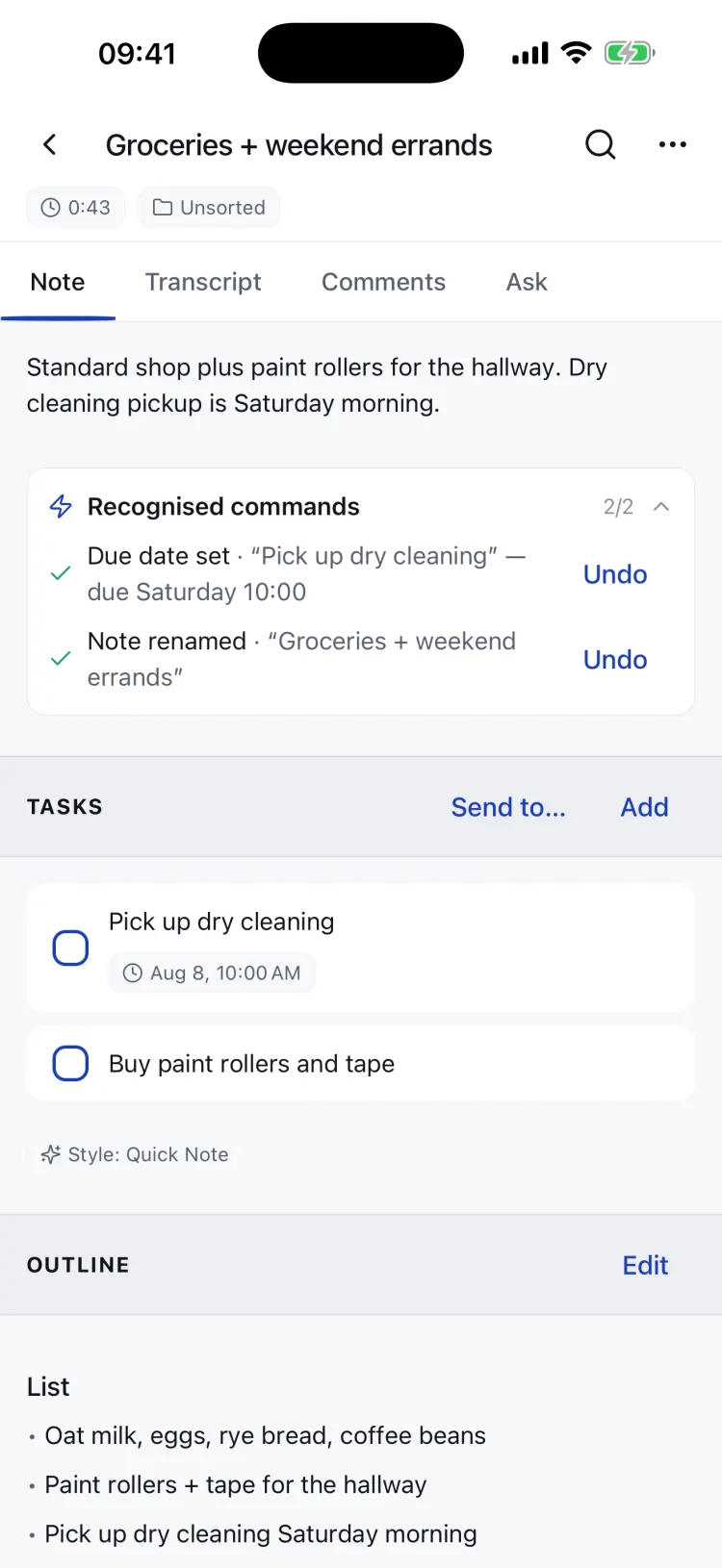 A note showing a Recognised commands receipt: due date set and note renamed, each with an Undo button