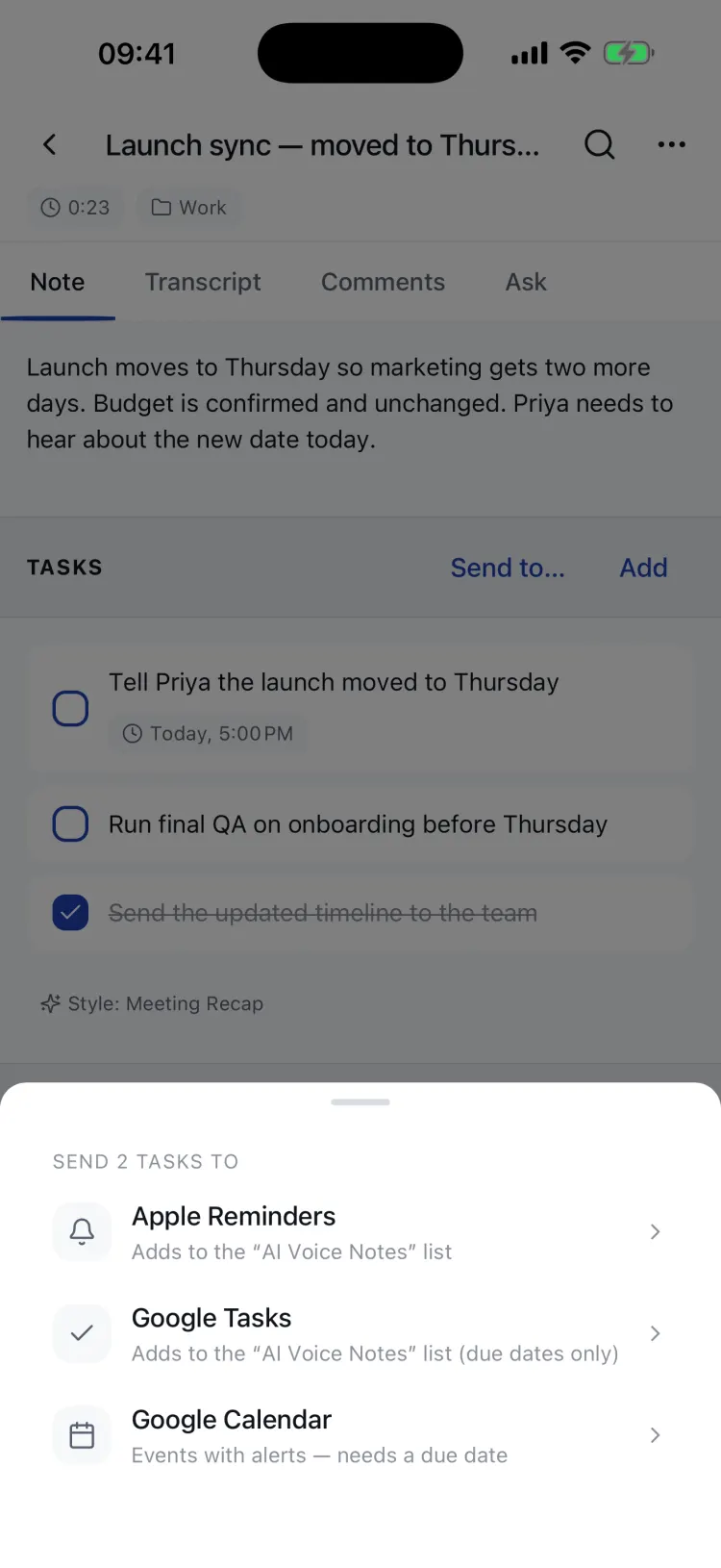 The Send tasks sheet offering Apple Reminders, Google Tasks, and Google Calendar