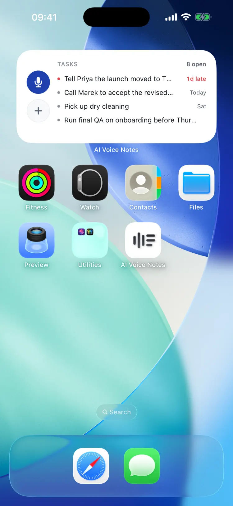 The home screen widget listing open tasks with due dates next to record and add buttons